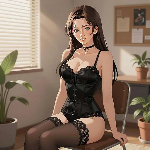 Anime Style Young Woman in Black Lingerie Sitting on Chair