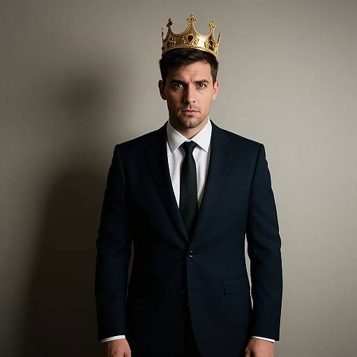 Confident Man in Suit Wearing Golden Crown