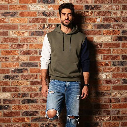 Stylish Gen Z Man in Color-block Hoodie and Ripped Denim Shorts Against Brick Wall