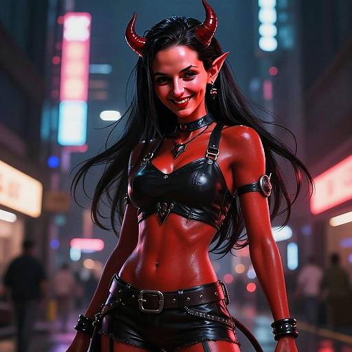 Edgy Female Demon in Cyberpunk Urban Night Scene