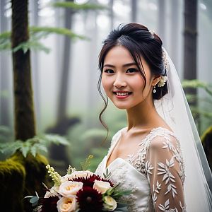 Smiling Bride in Misty Forest with Bouquet