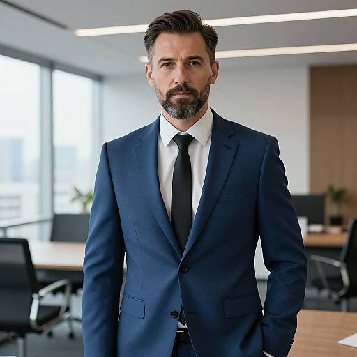 Confident Businessman in Blue Suit in Modern Office