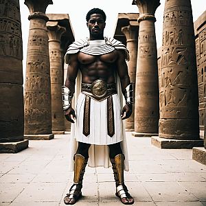 Man in Gladiator Costume Among Ancient Columns