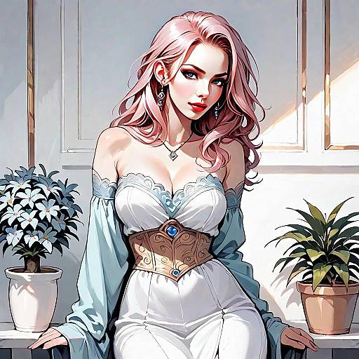 Anime Style Digital Art of Elegant Woman in White Dress with Pink Hair