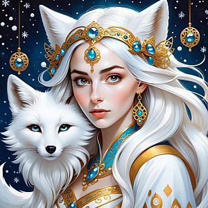 Elegant Woman with White Hair and Fox in Starry Background