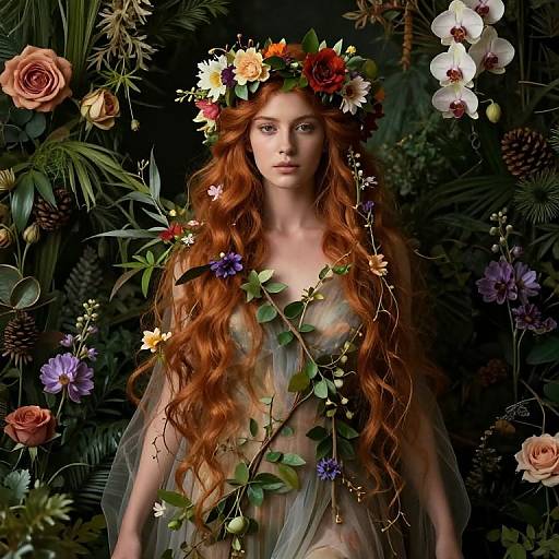 Ethereal Red-Haired Woman with Floral Crown in Botanical Setting