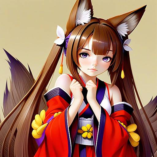 Anime Style Illustration of Young Woman with Fox Ears in Traditional Kimono Red Outfit