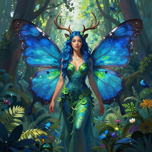 Fantasy Woman with Blue Butterfly Wings and Antlers in Enchanted Forest