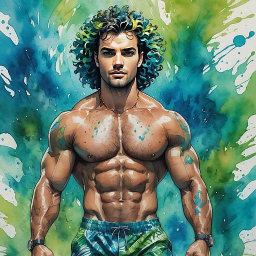Muscular Man with Curly Multicolored Hair Digital Painting on Abstract Blue Green Background