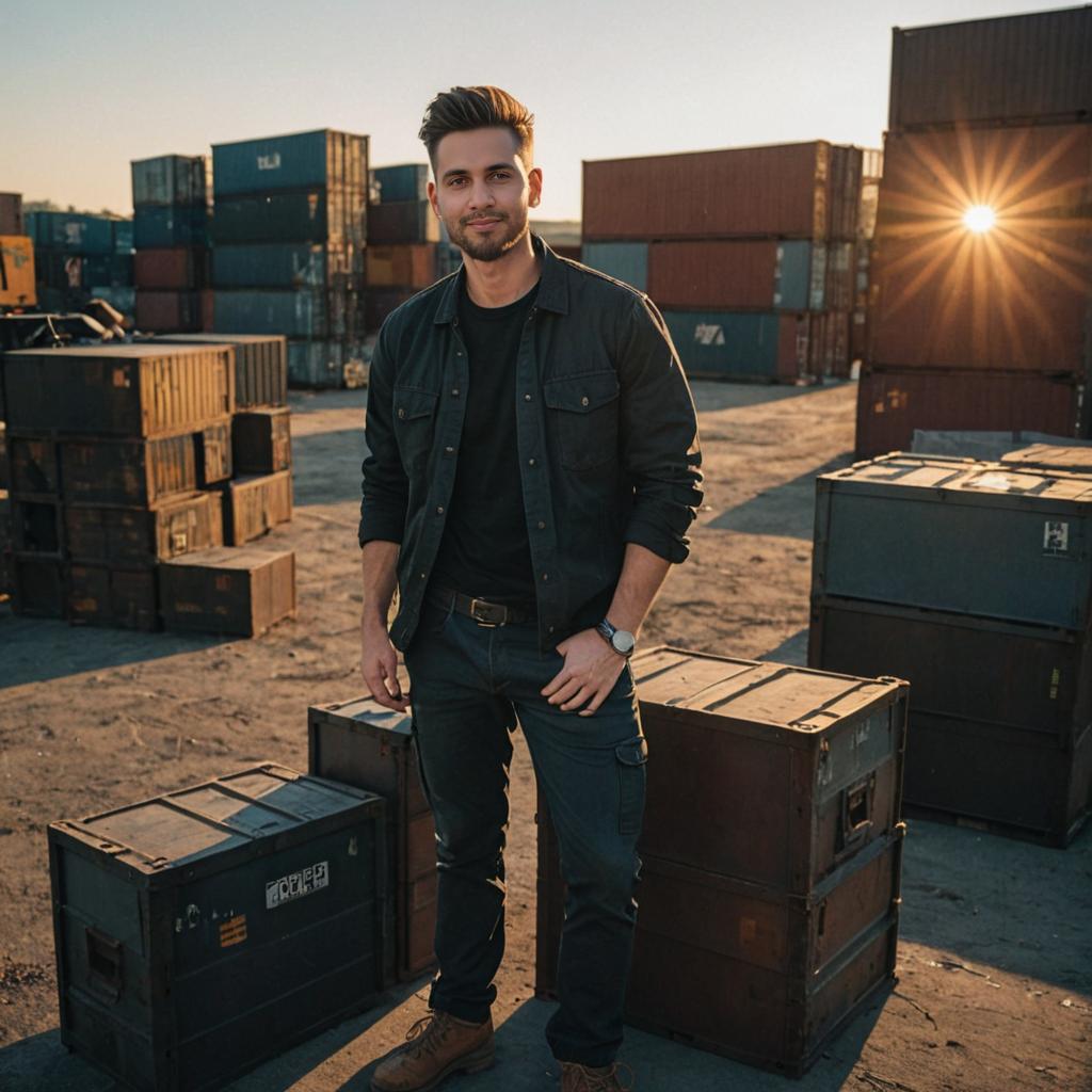 Confident Man in Shipping Container Yard at Sunset