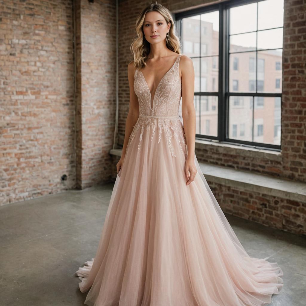 Woman in Elegant Blush Gown with Embroidery in Loft