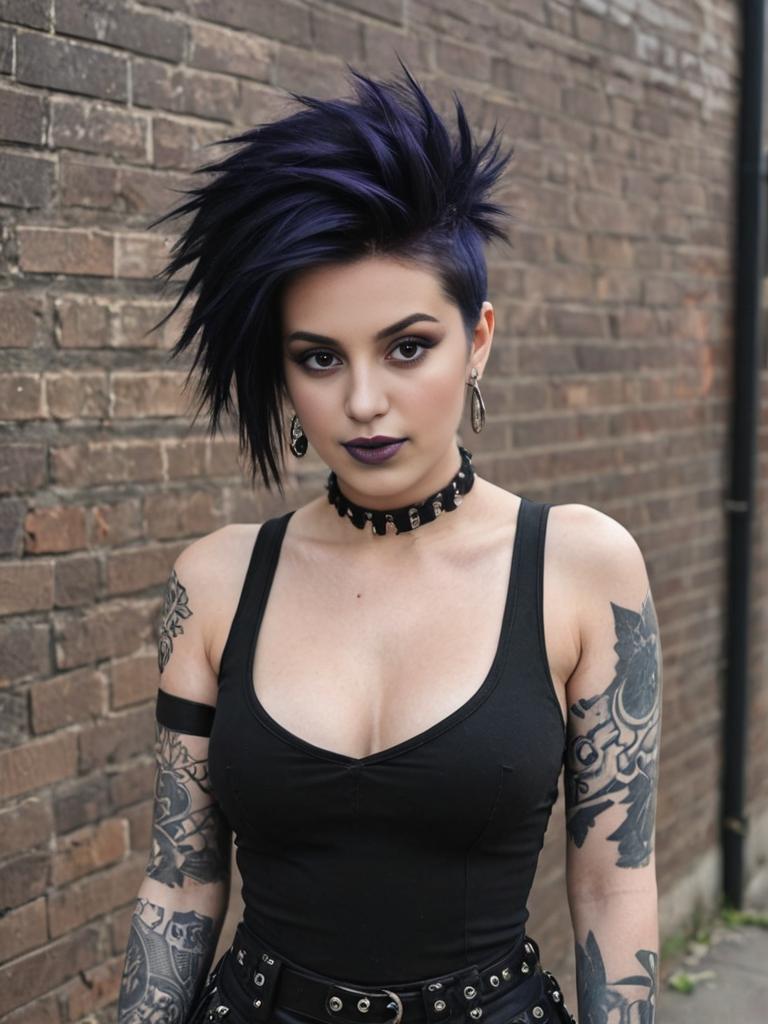 Woman with Blue-Black Spiked Hair in Gothic Outfit