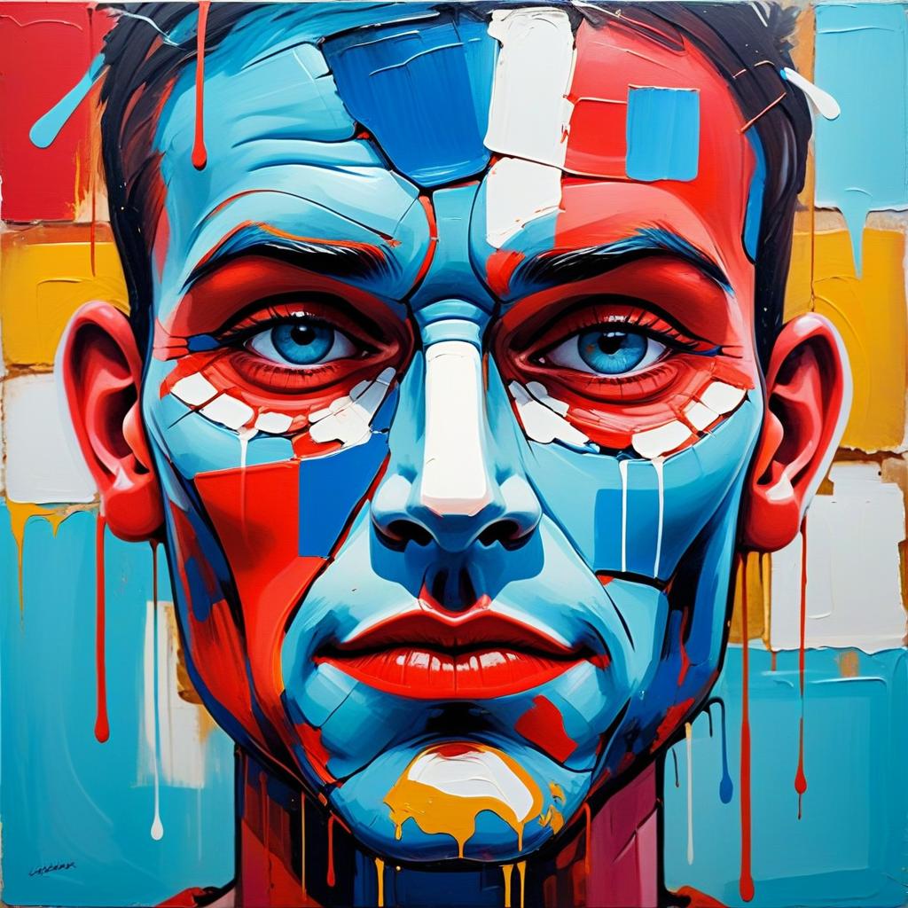 Abstract Colorful Man's Portrait with Blue Eyes in Modern Expressionism