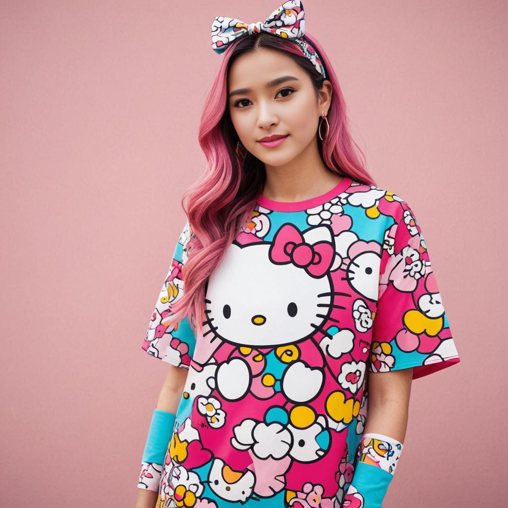 Woman in Hello Kitty Clothing Against Pink Background