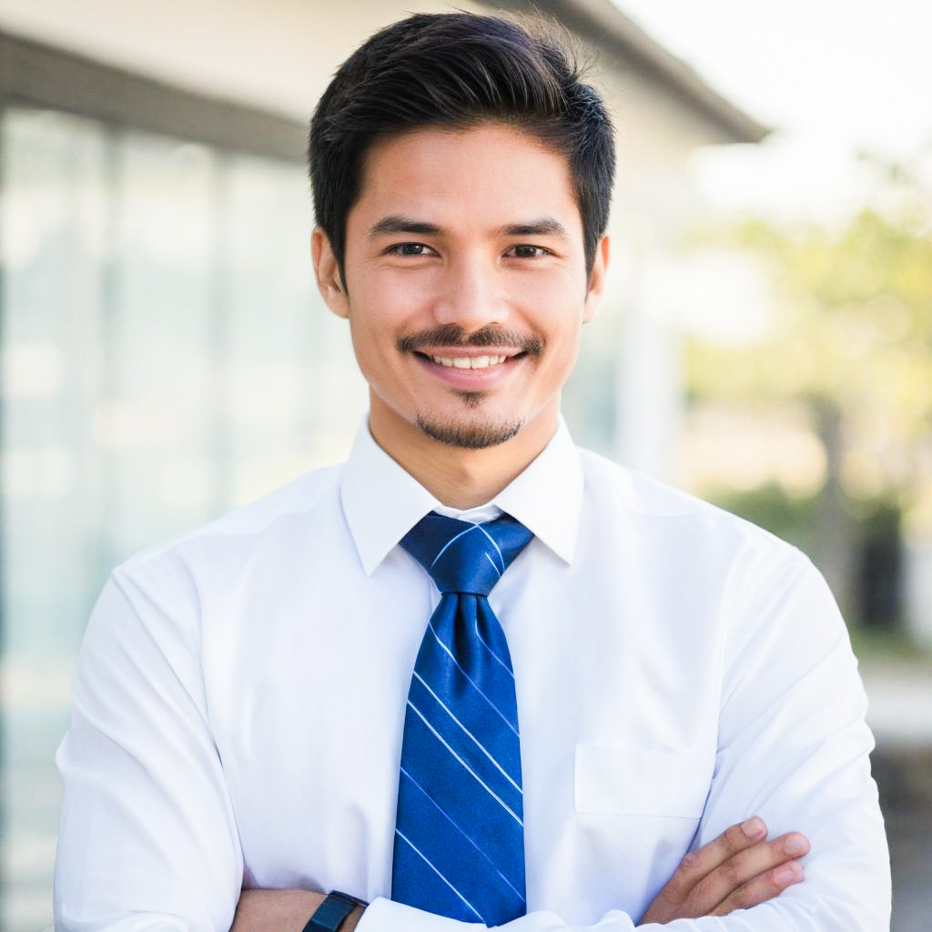 Confident Young Man in White Shirt and Blue Tie