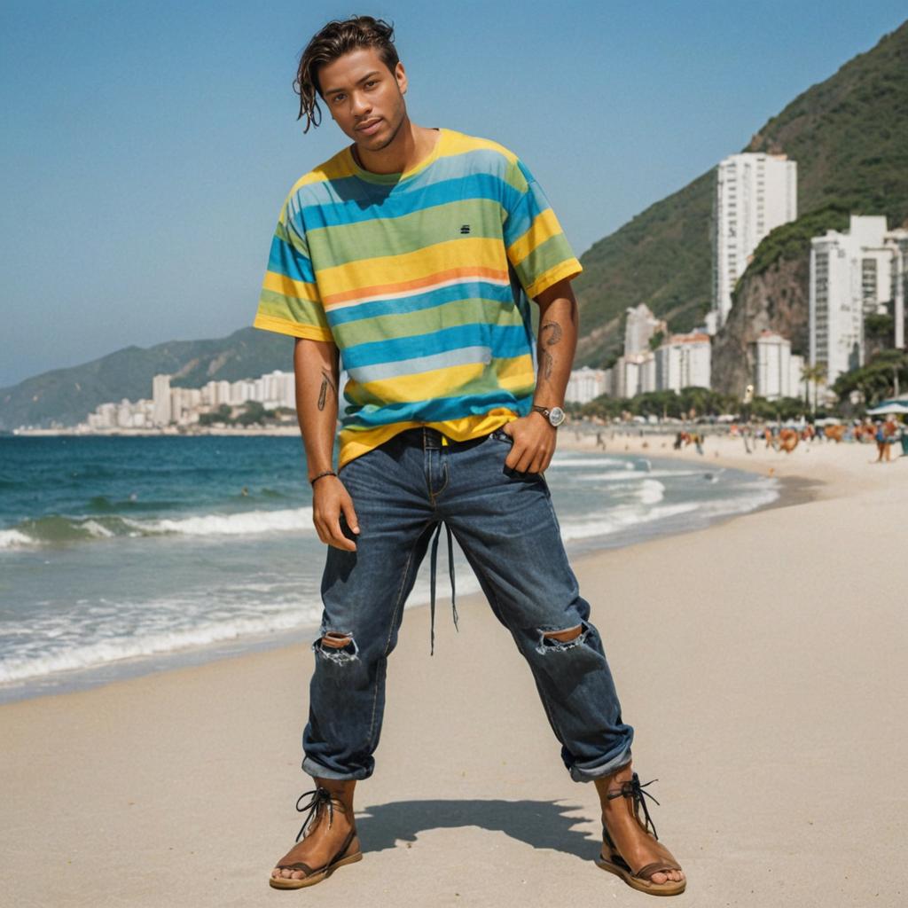 Stylish man photographing Copacabana Beach with Sugarloaf Mountain