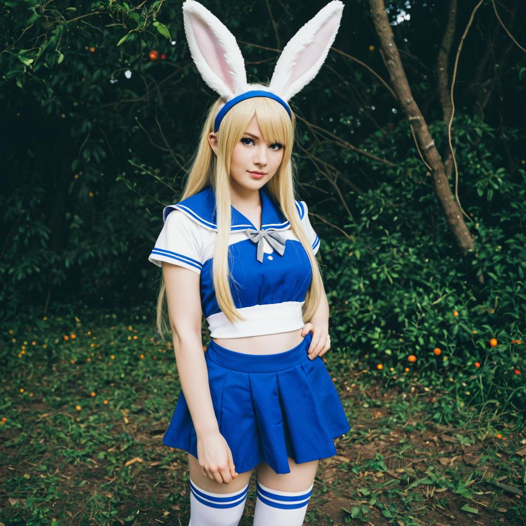 Woman in Blue Sailor School Uniform with Bunny Ears Cosplay Outdoors