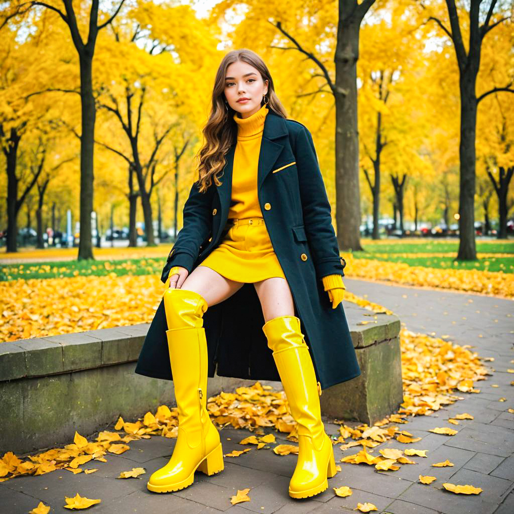 Stylish Woman in Yellow Outfit Amid Autumn Foliage