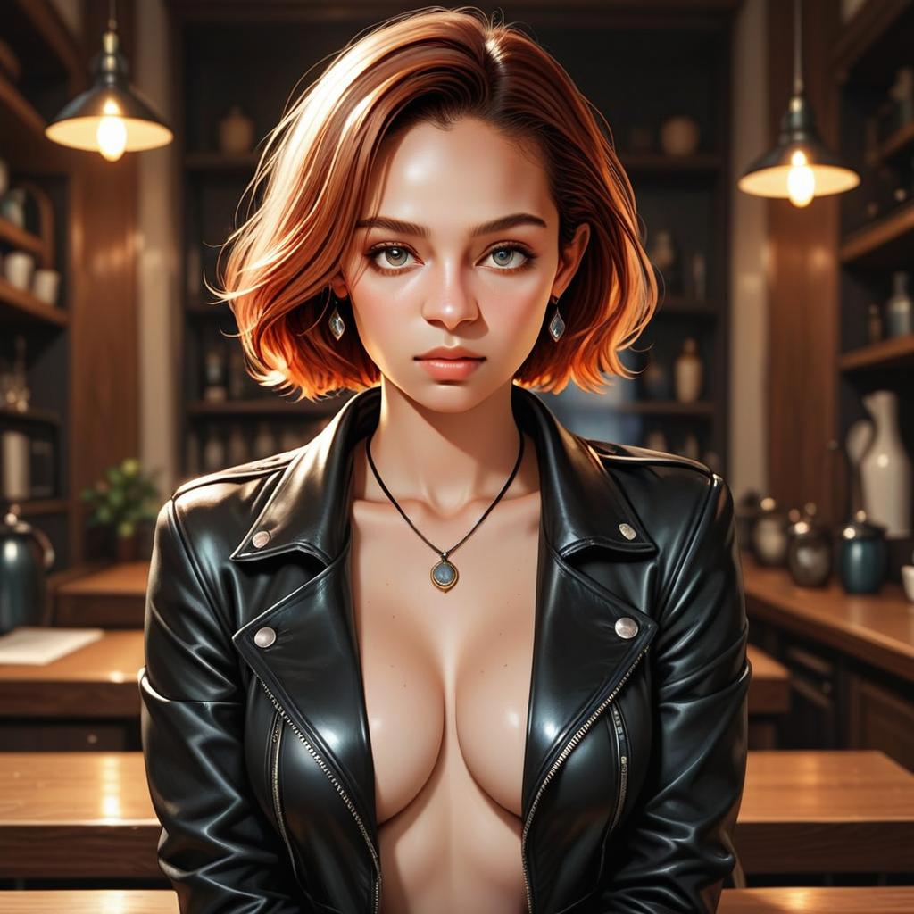 Stylish Woman with Auburn Hair in Black Leather Jacket in Cozy Interior