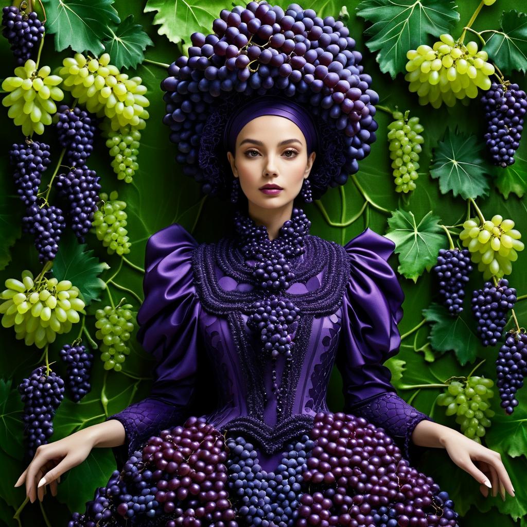 Woman in Purple Dress with Grapes and Leaves