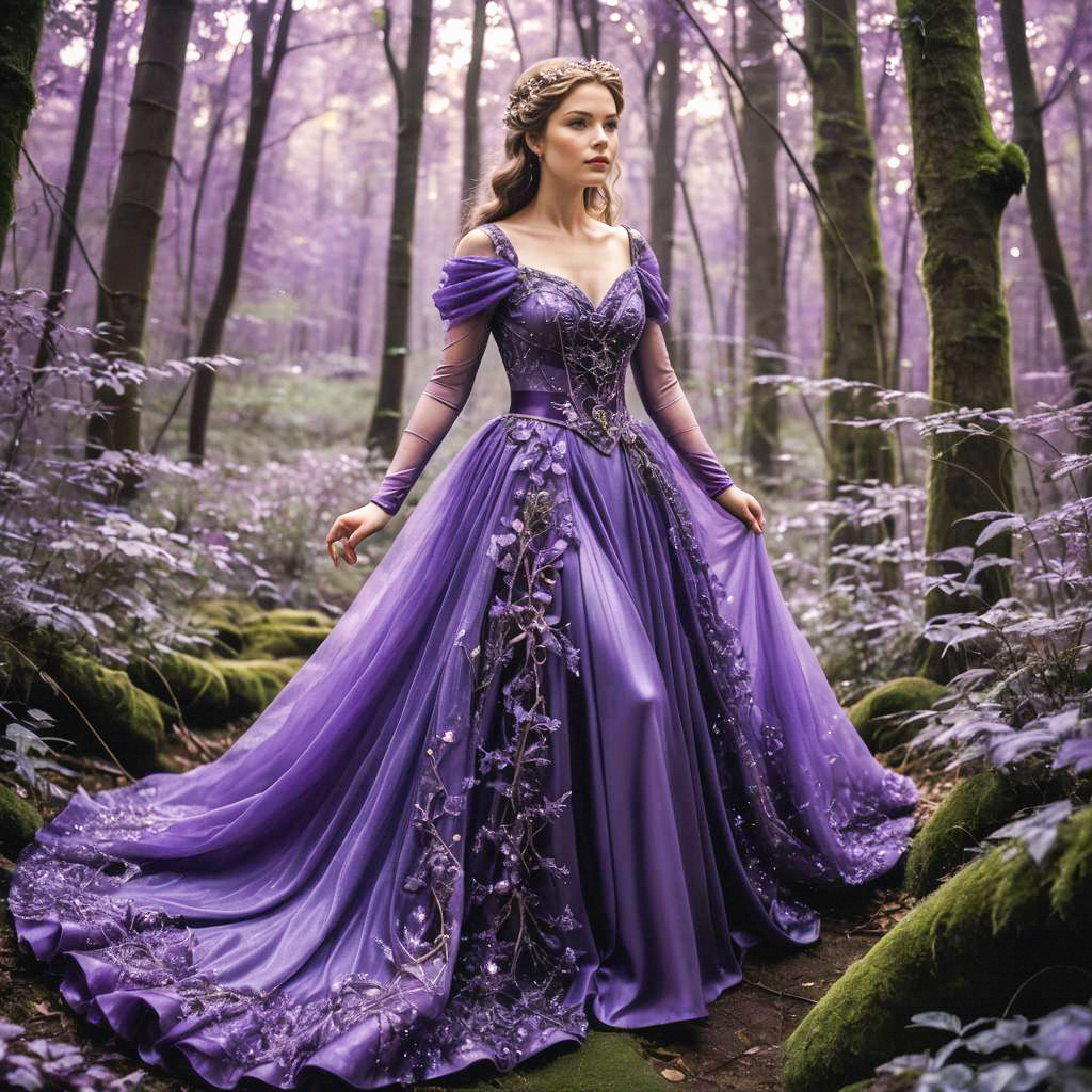 Woman in Purple Gown in Mystical Forest