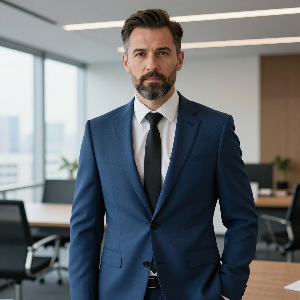Confident Businessman in Blue Suit in Modern Office