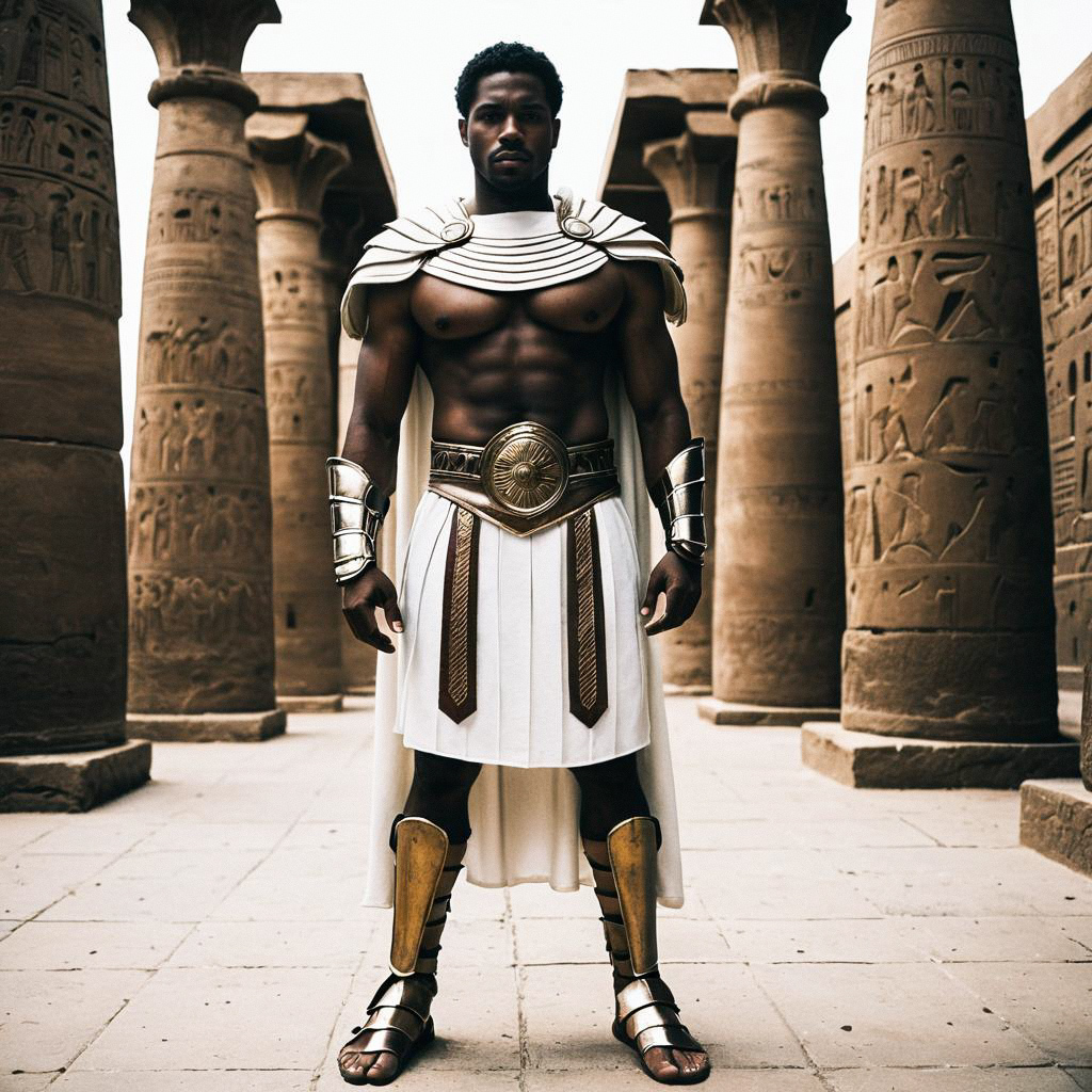 Man in Gladiator Costume Among Ancient Columns