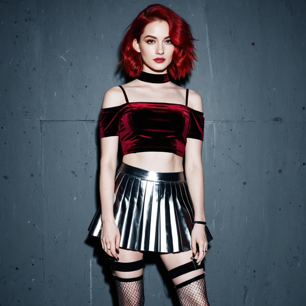Stylish Young Woman with Red Hair in Velvet Crop Top and Metallic Skirt
