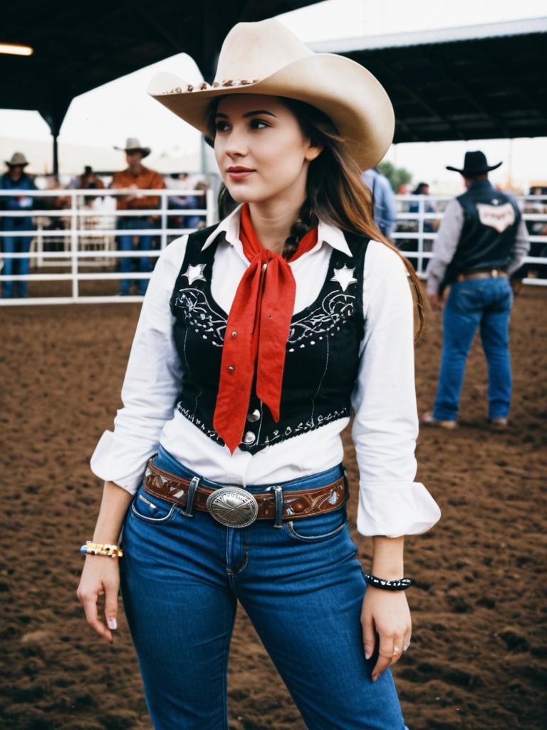 Cowgirl in Vintage Rodeo Outfit Wearing Hat and Jeans Portrait