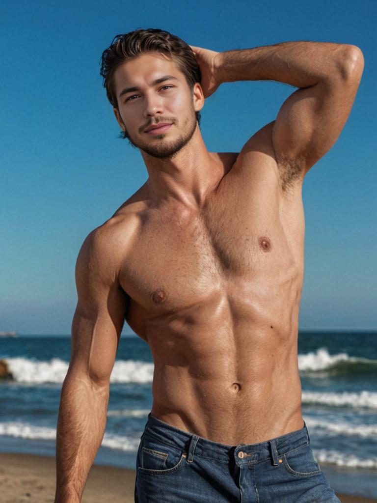 Fit Young Man on Beach with Confident Gaze