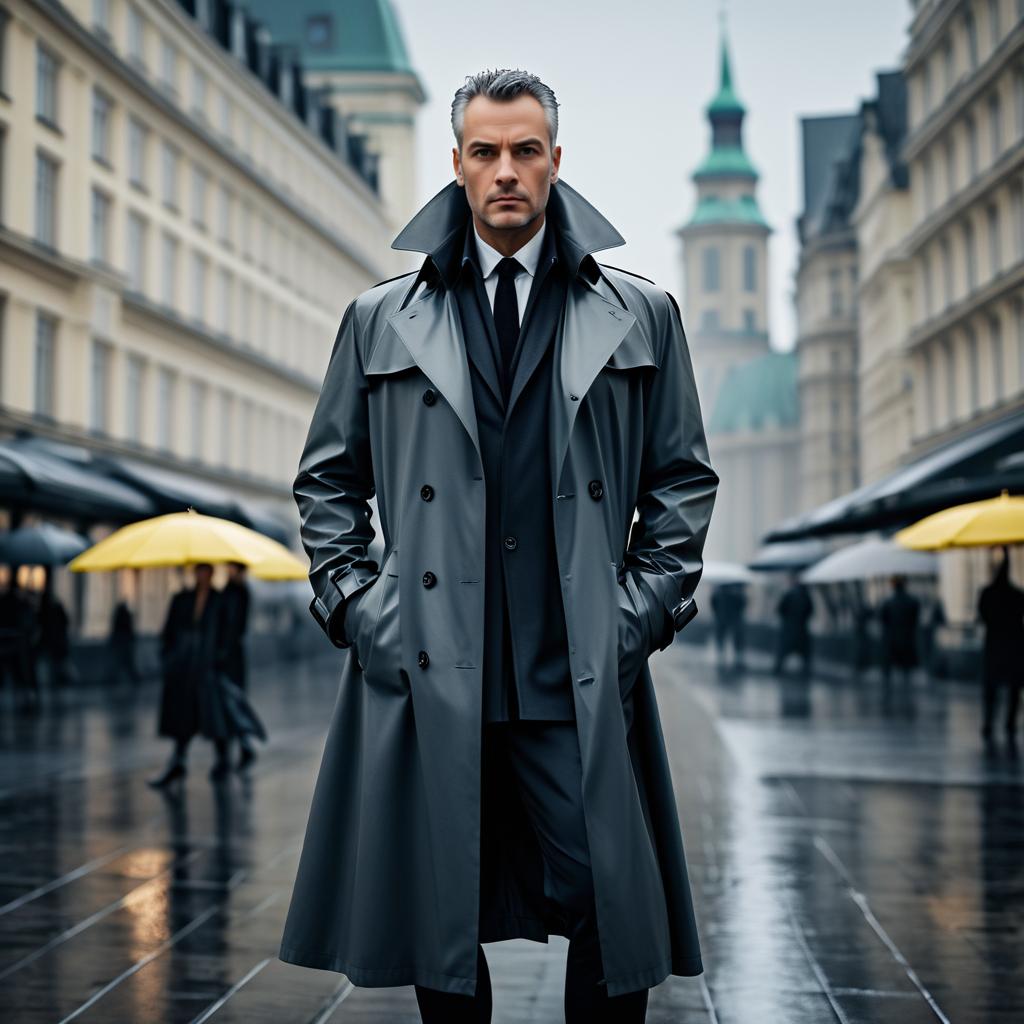 Stylish Man in Trench Coat in Rainy Cityscape