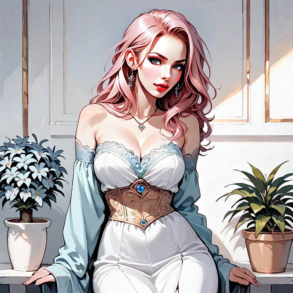 Anime Style Digital Art of Elegant Woman in White Dress with Pink Hair