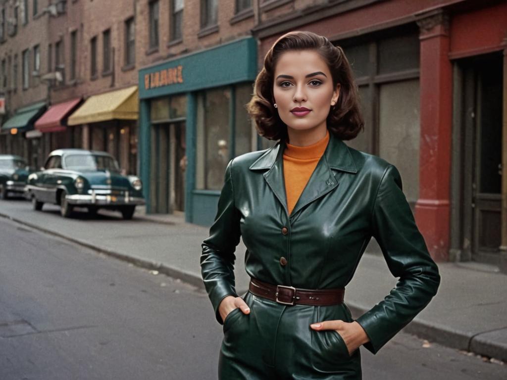 Woman in stylish leather outfit on street