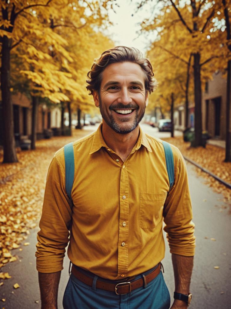 Happy man in yellow shirt and suspenders walking outdoors in autumn