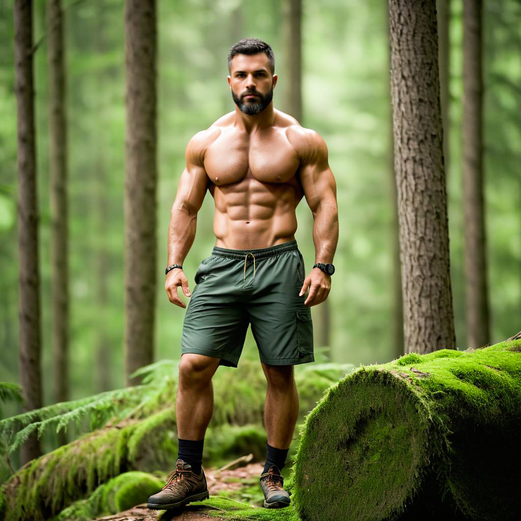 Muscular man in lush forest promoting fitness