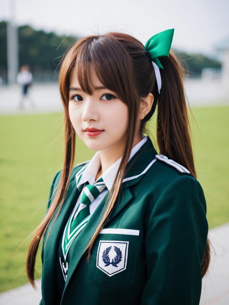 Young Woman in Green School Uniform with Bow and Tie Outdoor Portrait