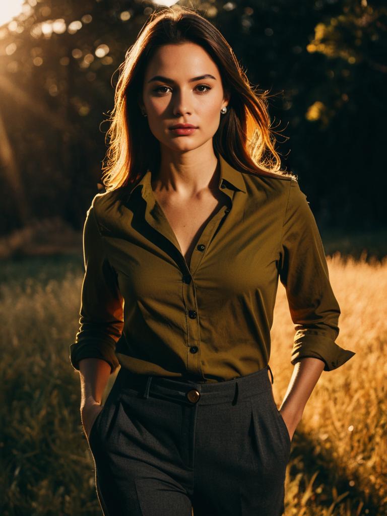 Confident Woman in Olive Green Shirt and Gray Trousers Outdoors at Golden Hour