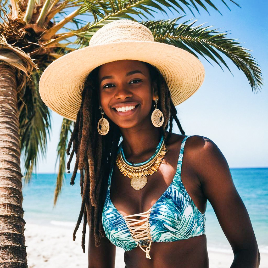 Joyful Woman at Beach with Dreadlocks