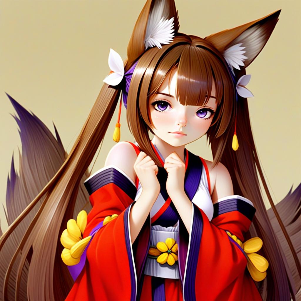 Anime Style Illustration of Young Woman with Fox Ears in Traditional Kimono Red Outfit