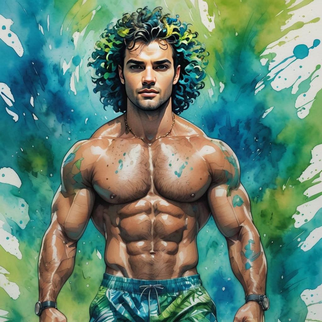 Muscular Man with Curly Multicolored Hair Digital Painting on Abstract Blue Green Background