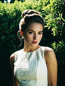 Elegant Woman in White Dress Portrait with Lush Green Background