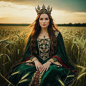 Medieval Queen in Green Embroidered Gown Sitting in Wheat Field at Sunset
