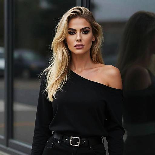 Stylish Blonde Woman in Black Off-Shoulder Top Urban Fashion Portrait