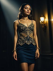 Elegant Evening Wear Dress with Sleeveless Mesh Top and Intricate Gold Embroidery