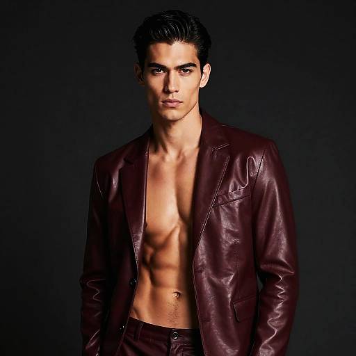 Confident Young Man Wearing Burgundy Leather Suit Fashion Portrait