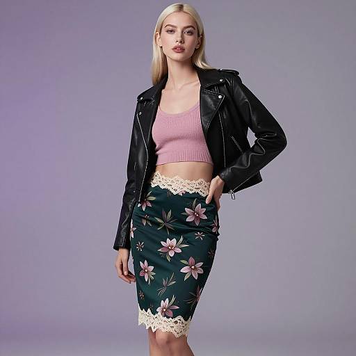 Trendy Gen Z Woman in Leather Jacket and Floral Skirt Fashion