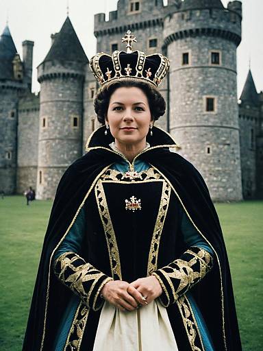 Photorealistic Queen Costume Portrait in Medieval Castle Setting