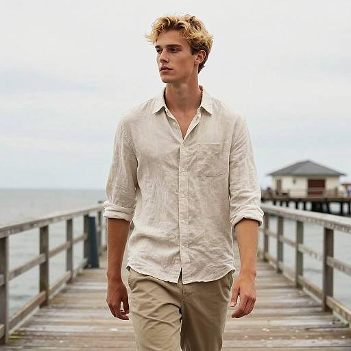 Young Man Walking on Wooden Pier Wearing Casual Linen Shirt Gen Z Style