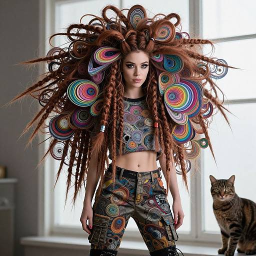 Woman with Colorful Braided Hair and Swirling Patterned Outfit Featuring Cat