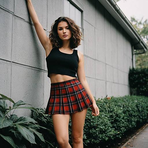 Young Woman in Black Crop Top and Red Plaid Mini Skirt Urban Fashion